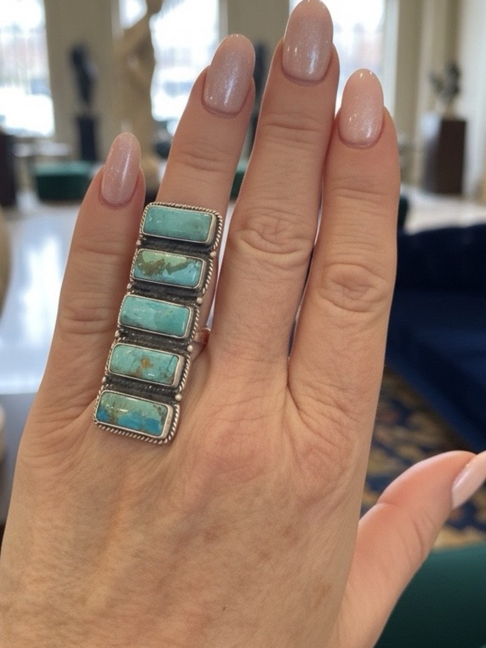 Genuine, Kingman Turquoise Rectangular stunning statement ring. Sterling silver. - Picture 6 of 8
